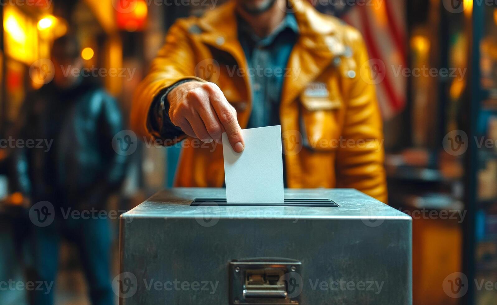 Voter at local polling station. A person in a yellow jacket casts their vote into a ballot box in a busy polling station on election day. photo