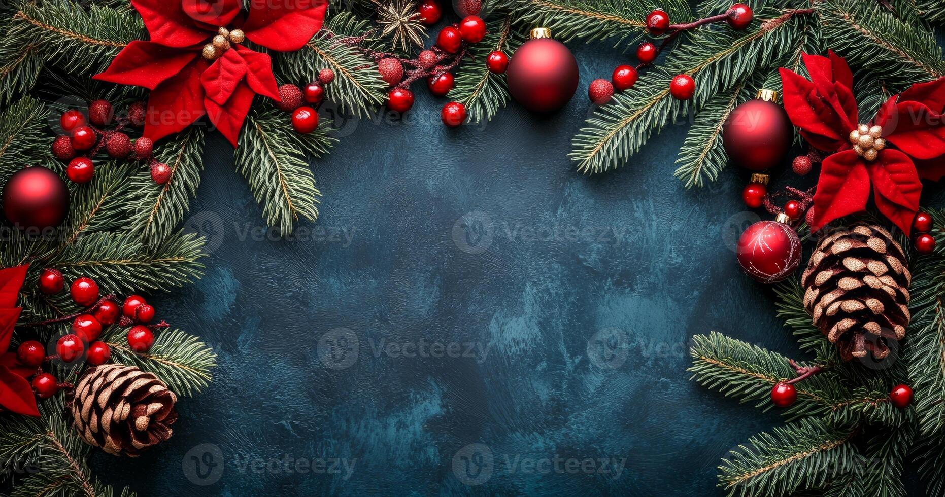 Pine and poinsettias holiday decor. A vibrant holiday wreath features red poinsettias, berries, and pine cones against a dark background, capturing a festive spirit. photo