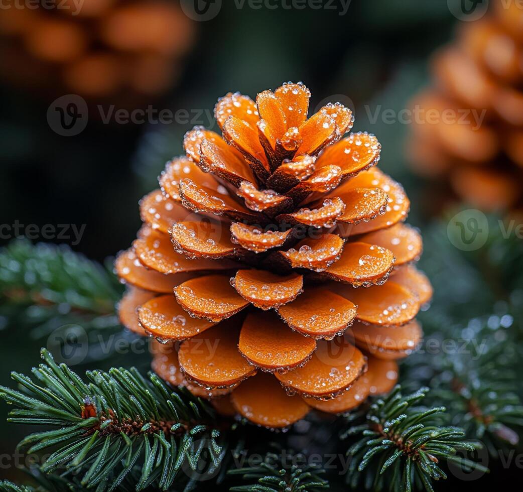 Dewy pine cone on a rainy morning. A pine cone rests on evergreen branches, glistening with droplets of dew after a refreshing rainfall in the early morning light. photo