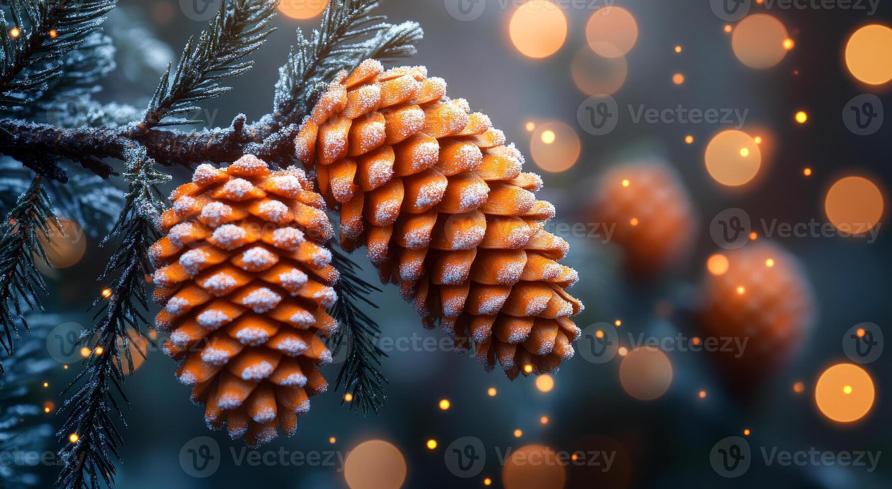Snow-dusted pine cones hanging on a frosty branch. Two vibrant pine cones hang from a snowy branch, sparkling in winter light amidst a blurred backdrop of glowing bokeh. photo