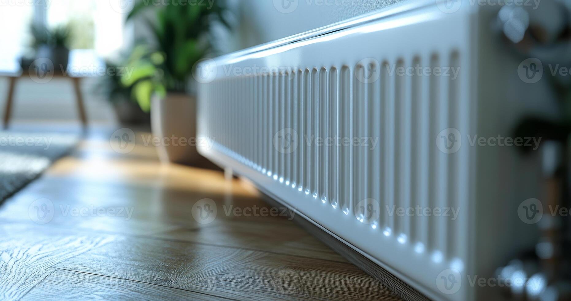 Radiator warming a cozy living room with sunlight. A white radiator reflects sunlight in a bright living room, surrounded by indoor plants and warm wooden flooring. photo