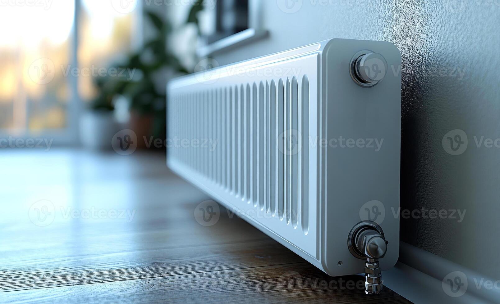 Modern radiator in a well-lit living room setting. A sleek radiator is installed along a warm wood floor, providing heating in a cozy, bright living room with plants. photo