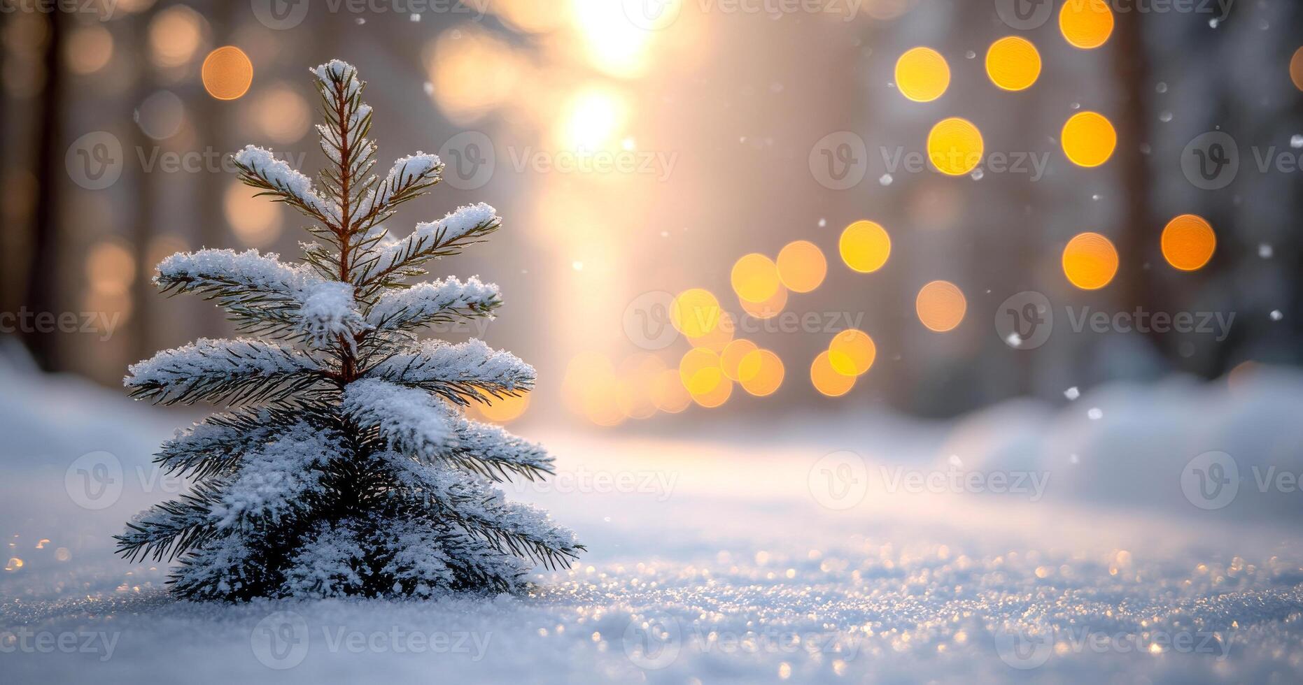 Snow-covered tree with warm lights at sunset. A small tree blanketed in snow stands against a backdrop of warm, glowing lights during sunset in a winter wonderland. photo