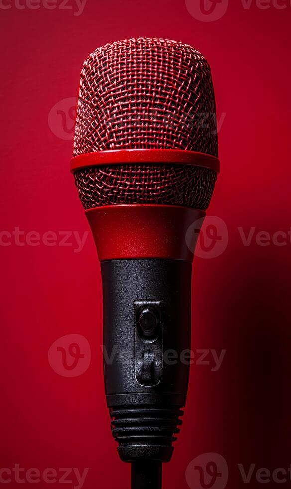 Red microphone on bold background. The red microphone stands against a striking red wall, highlighting its texture and design, perfect for a performance or recording. photo