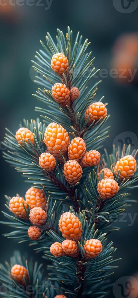 Pine tree branch with orange cones in soft light. A close-up of a pine tree branch adorned with vibrant orange cones, captured in softly diffused light, highlighting natures beauty. photo