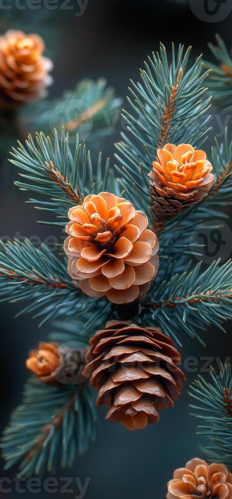 Pine cones resting on a green pine tree branch. Decorative pine cones are nestled among vibrant green pine needles, displaying natural beauty and intricate details. photo