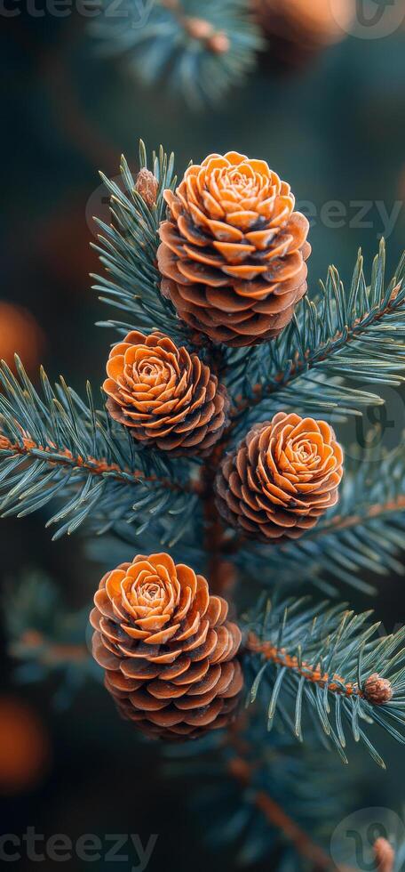 Beautiful pine cones on a branch in early autumn. Four pine cones rest on a branch of evergreen, showcasing their intricate patterns against a blurred background in autumn. photo