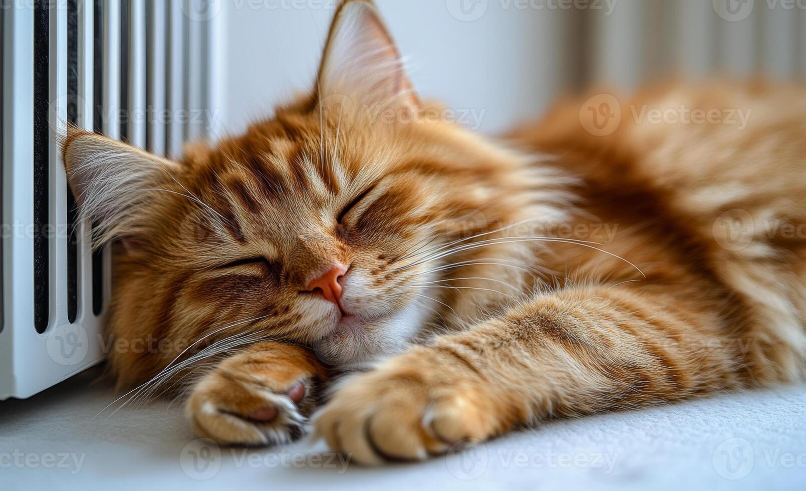 Orange cat napping by the heater. A fluffy orange cat naps peacefully next to a heater, enjoying the warmth and bright sunlight streaming in through the window. photo