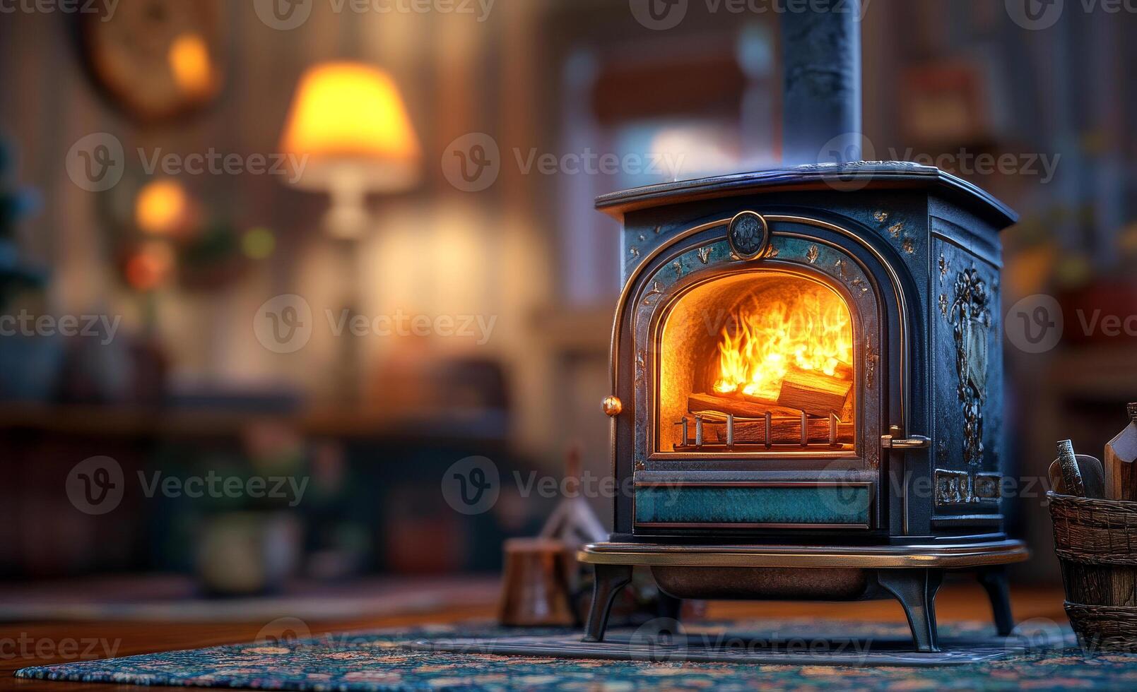 Warm wood stove in rustic cabin. A warm wood stove crackles softly, illuminating a charming cabin filled with rustic decor and a welcoming atmosphere. photo