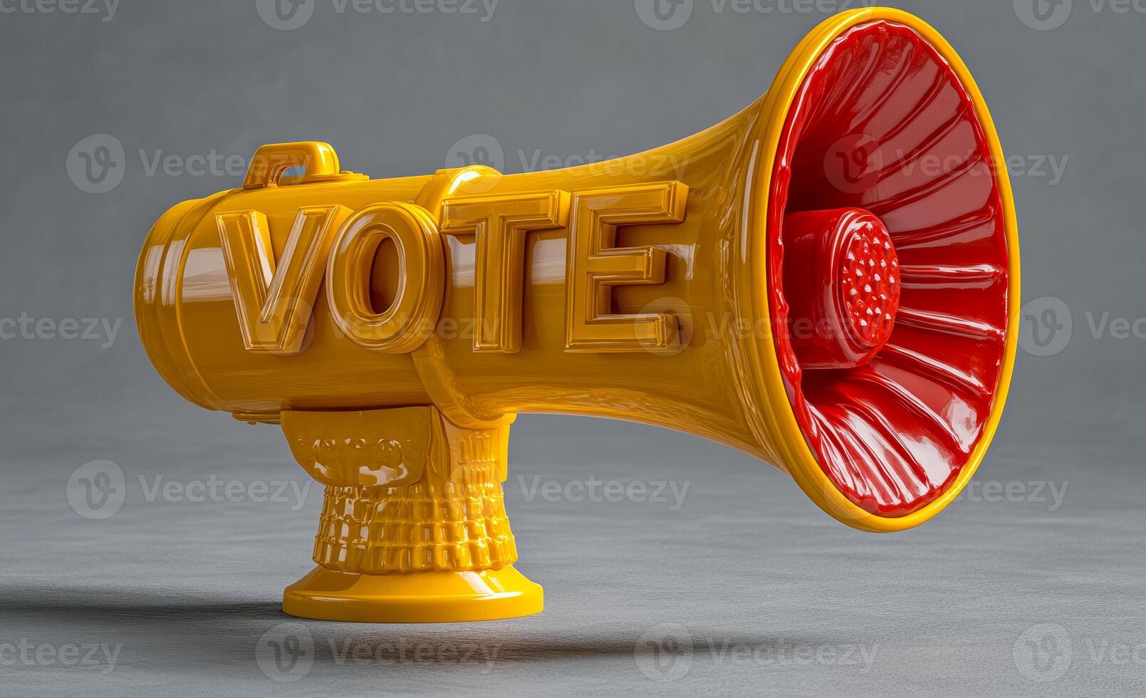 Yellow megaphone highlights voting importance. A vibrant yellow megaphone with VOTE boldly displayed, promoting civic engagement in a modern setting. photo