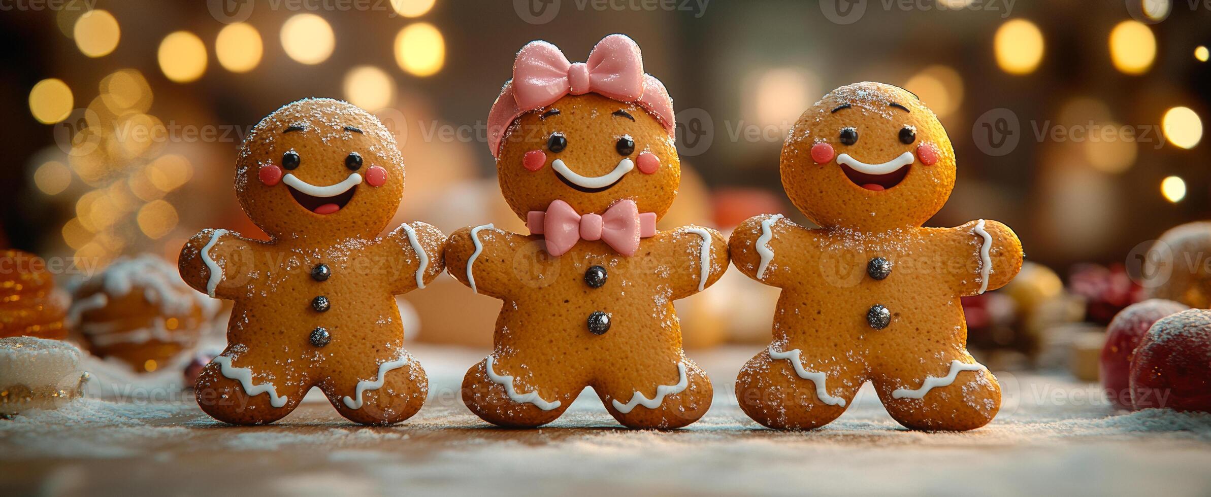 Festive decorated gingerbread cookies. Three playful gingerbread cookies adorned with icing and decorations stand together, bringing warmth and joy to the holiday atmosphere. photo