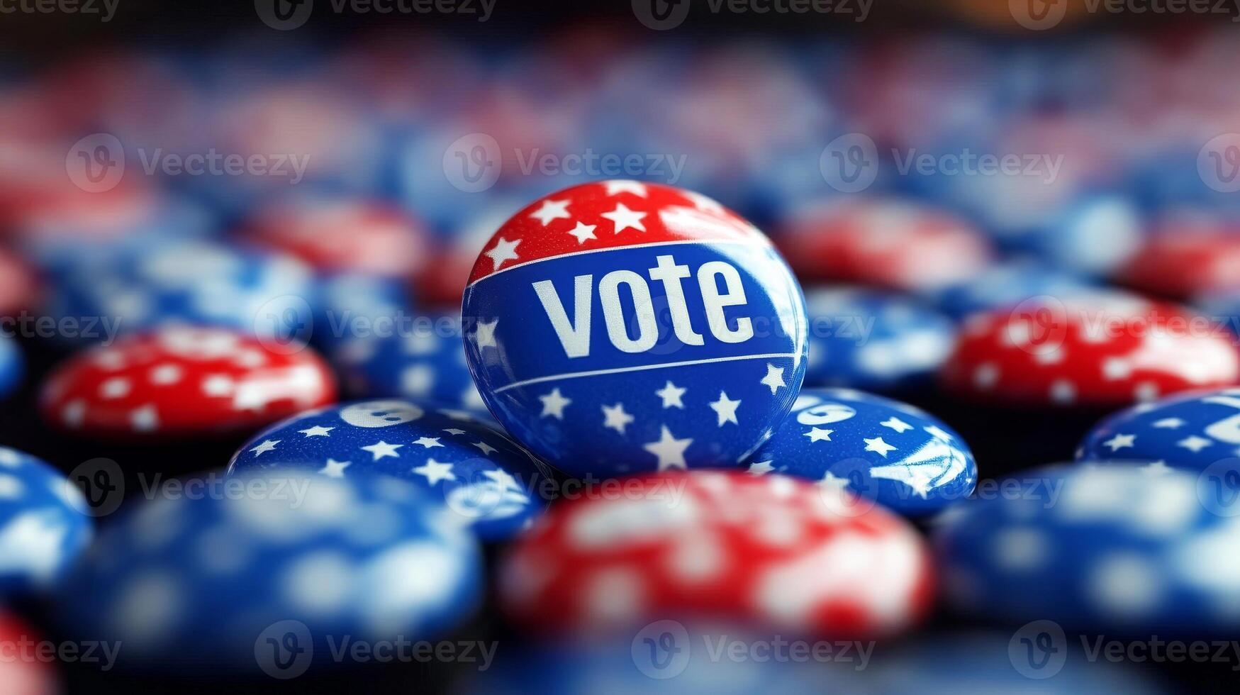 Voting buttons in a democratic election. A collection of vibrant buttons with the word Vote surrounded by stars, emphasizing civic engagement during election season. photo