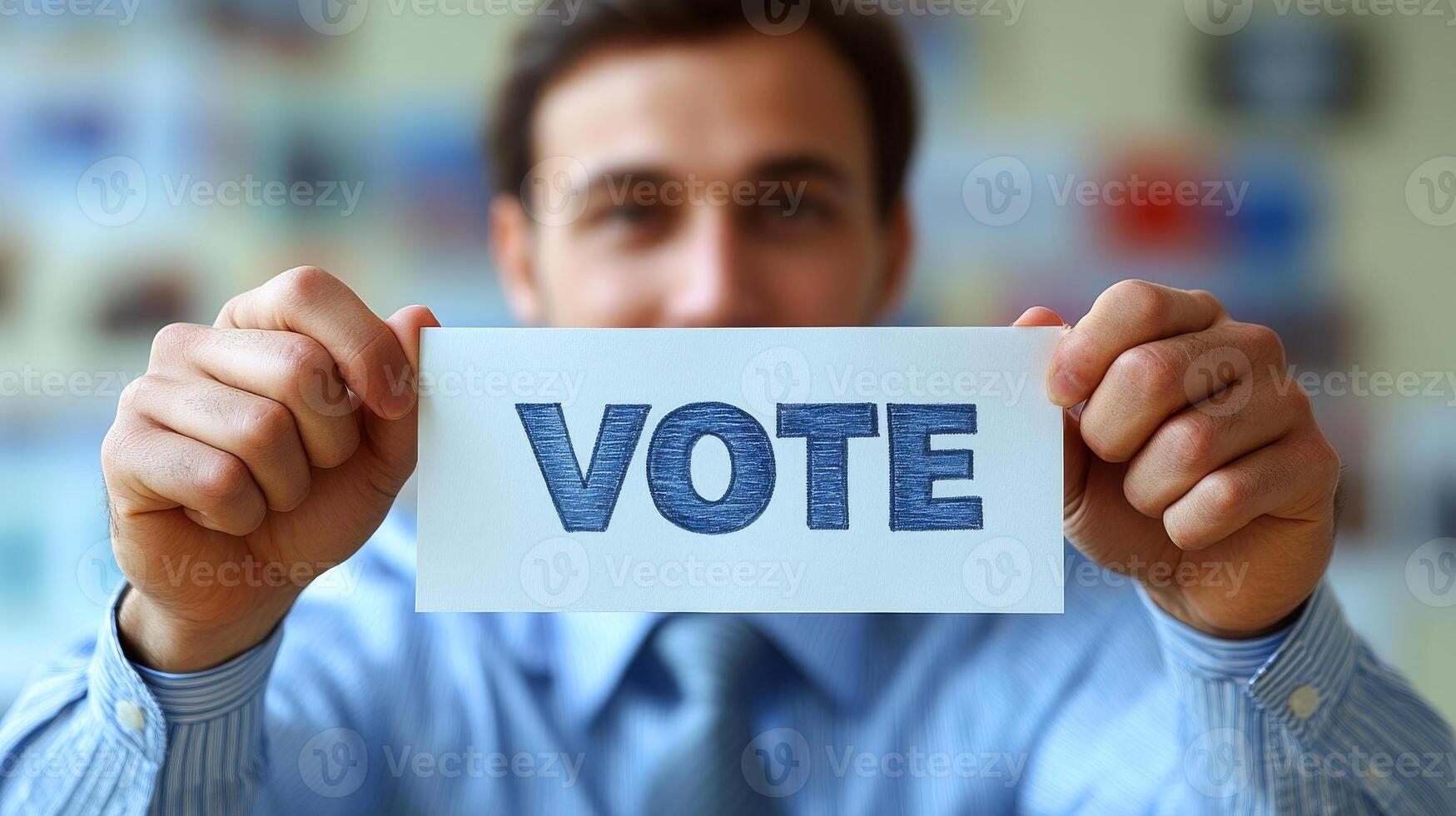 Engage in democracy by voting in local elections. A man holds a sign declaring VOTE, encouraging civic participation and highlighting the importance of elections in community engagement. photo