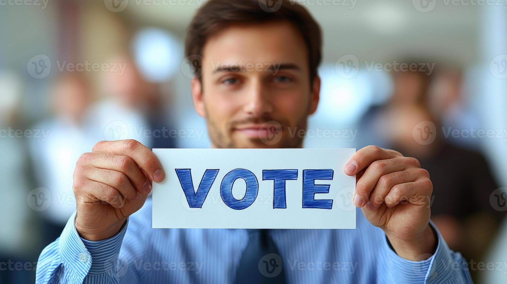 Man promotes voting with sign. A man confidently displays a sign that reads Vote, promoting civic engagement and participation in the electoral process. photo