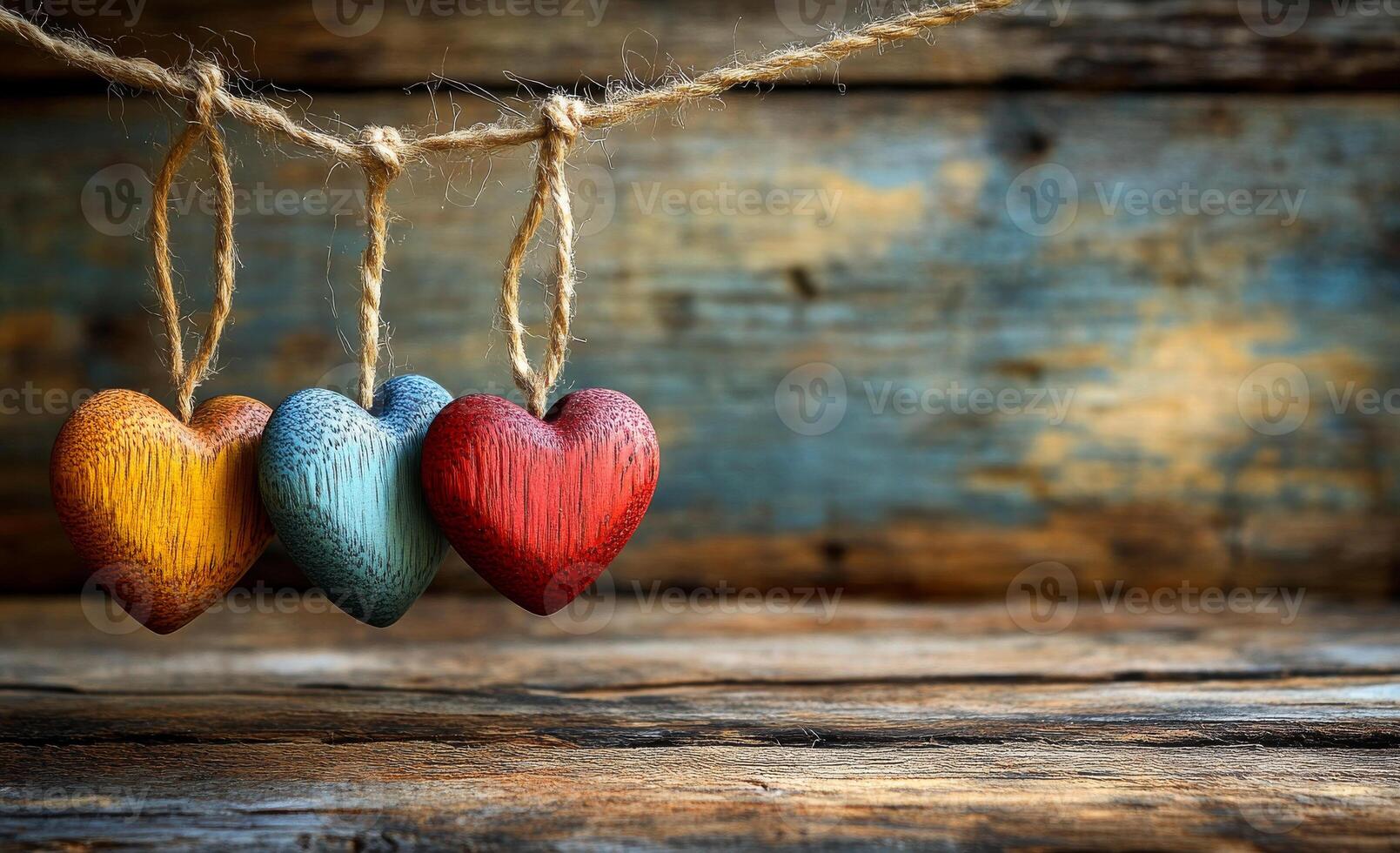 Three wooden hearts hanging from a rope on a wooden background. The hearts are of different colors and sizes, and they are hanging at different heights. Concept of warmth and love photo