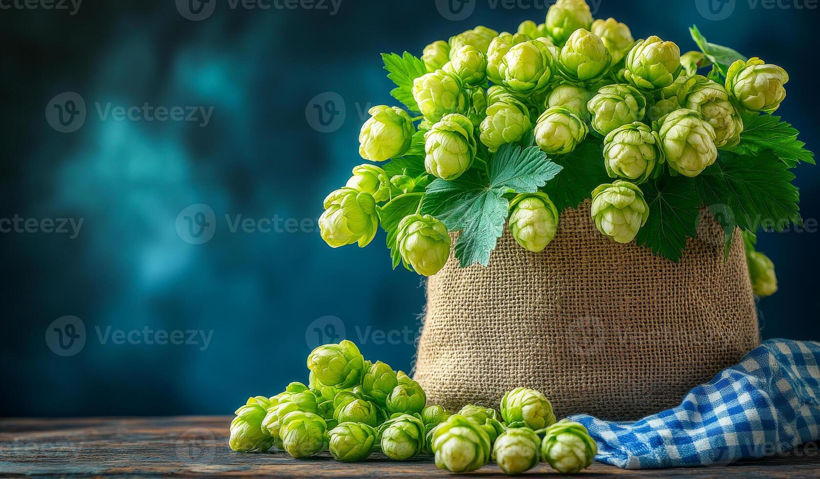 A bunch of green leaves and flowers are in a basket on a table. The basket is covered with a blue and white checkered cloth photo