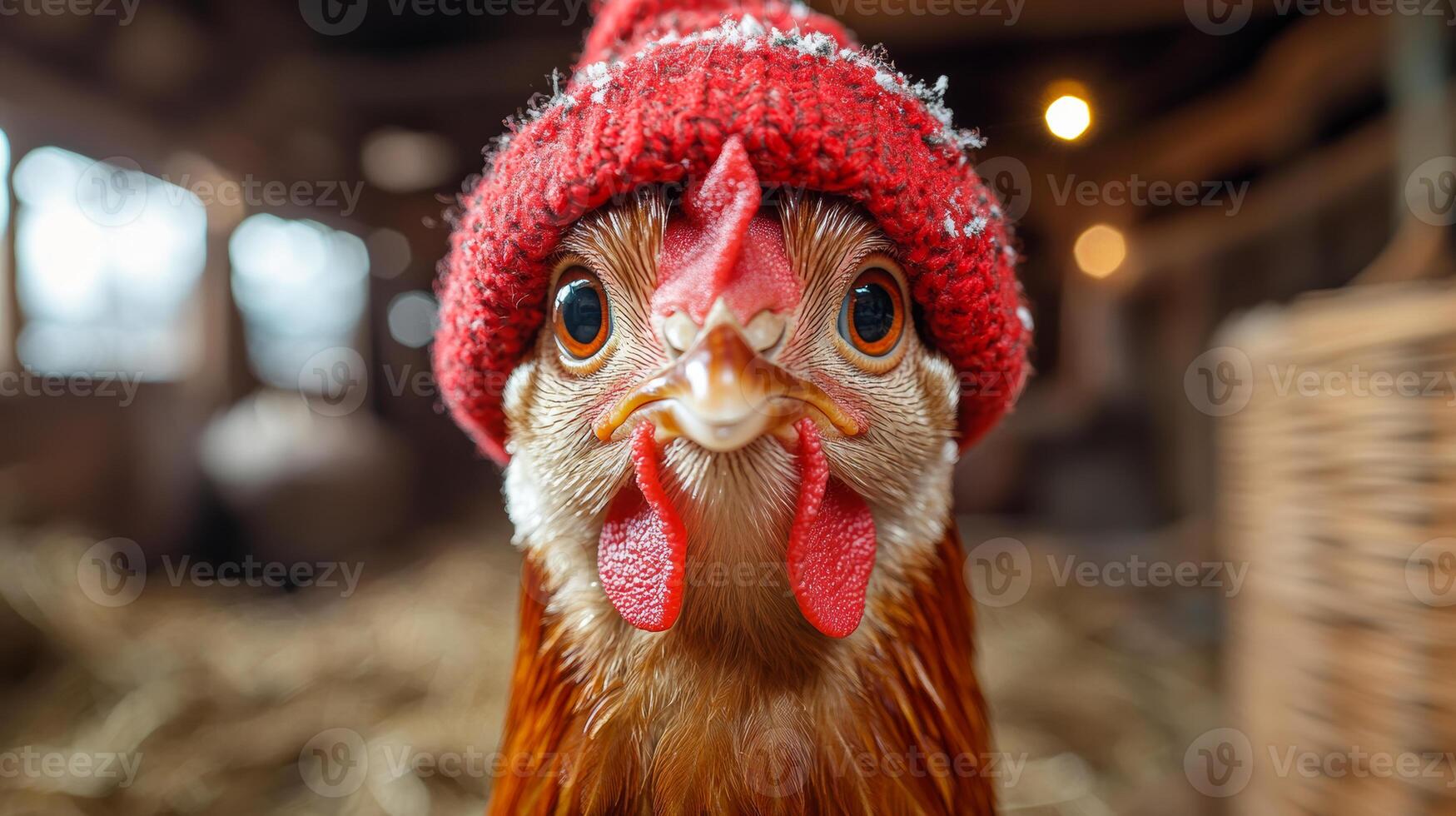 A chicken wearing a red hat is staring at the camera. The hat is made of wool and has a red and white pattern. The chicken appears to be in a barn or a similar enclosed space photo