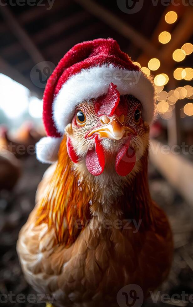 A chicken wearing a Santa hat. The chicken is standing in a barn. The barn is dark and the chicken is the only light source photo