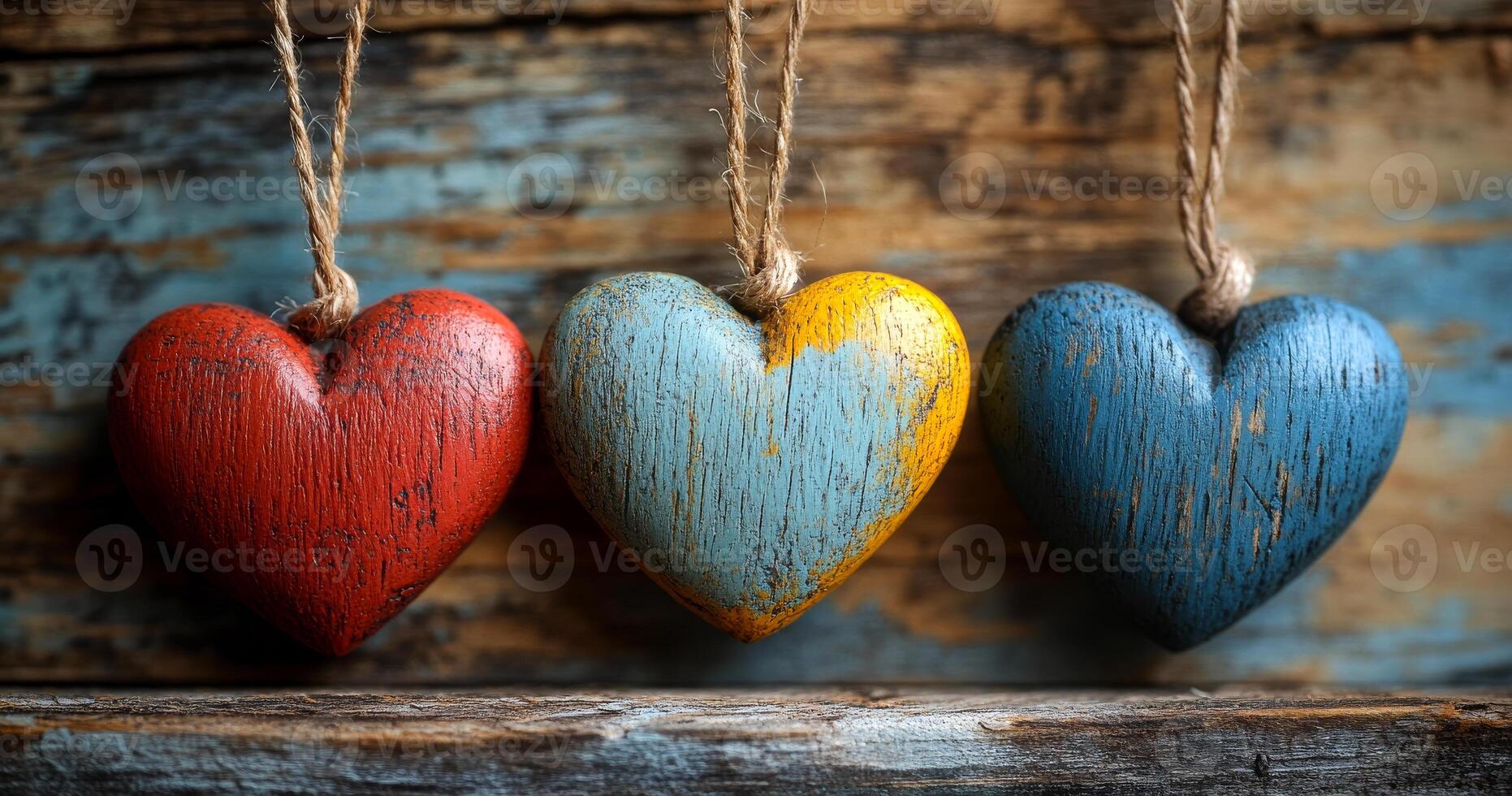 Three wooden hearts hanging from a rope, one red, one blue, and one yellow. The hearts are hanging on a wooden surface, and the rope is tied to the center of the hearts. Concept of warmth and love photo