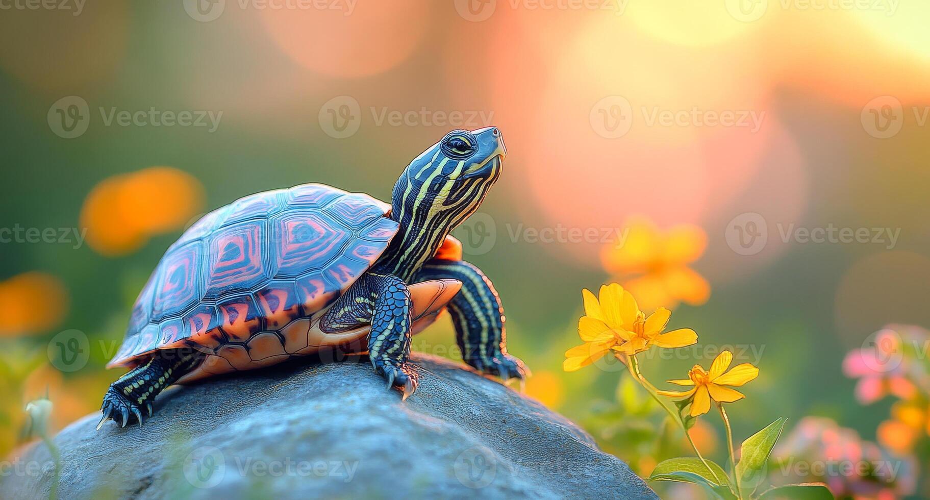 A baby turtle is standing on a rock in a field of flowers. The turtle is surrounded by yellow flowers, which give the scene a bright and cheerful mood photo