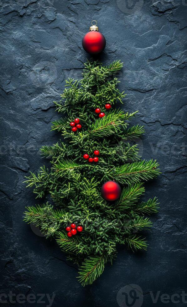 A Christmas tree made of evergreen branches and red berries. The tree is on a black background photo