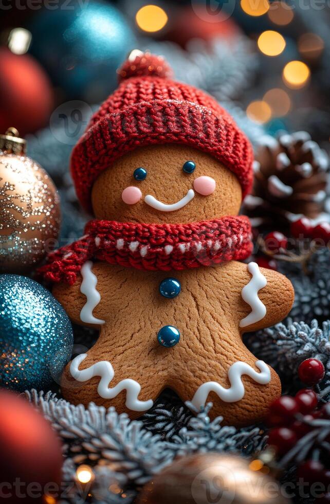 A gingerbread man with a red hat and scarf is sitting on a Christmas tree. The tree is decorated with many ornaments, including a few red balls photo