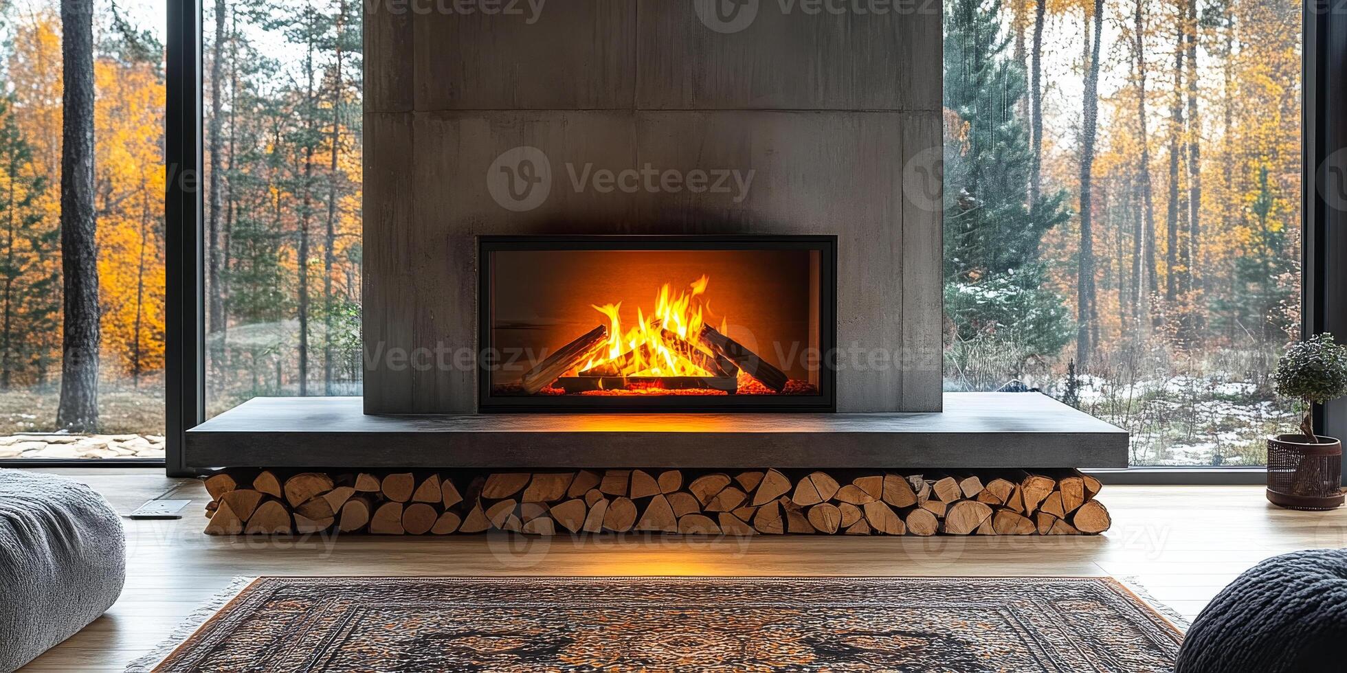 A fireplace with a large log pile in front of it. The logs are stacked in a way that they are not touching the fireplace. The fireplace is lit and the logs are burning. The room has a cozy photo