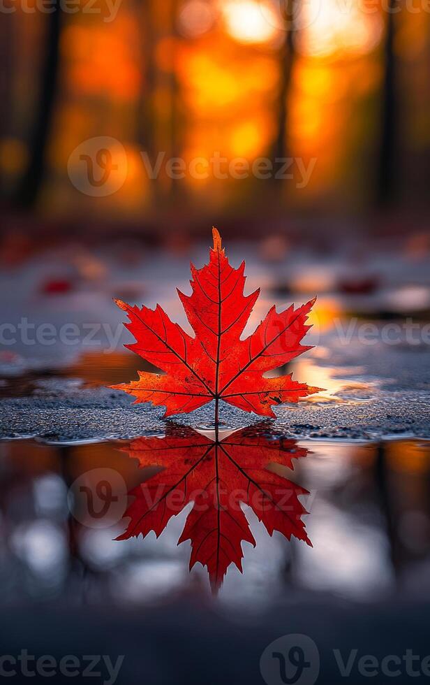 A leaf is on the ground and it is reflecting the sun. The leaf is red and it is on a wet surface photo