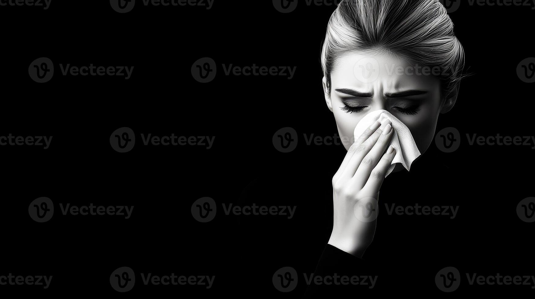 A woman is blowing her nose with a tissue. The image is black and white. The woman's face is the main focus of the image photo