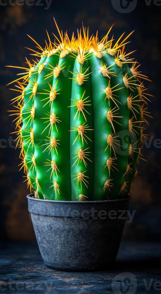 A cactus is in a black pot on a dark background. The cactus is green and has yellow spikes photo