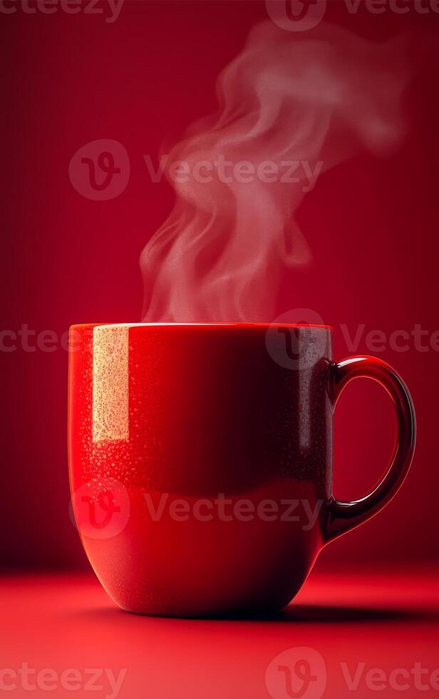 A red coffee mug with steam coming out of it. The steam is rising and the mug is sitting on a red background photo