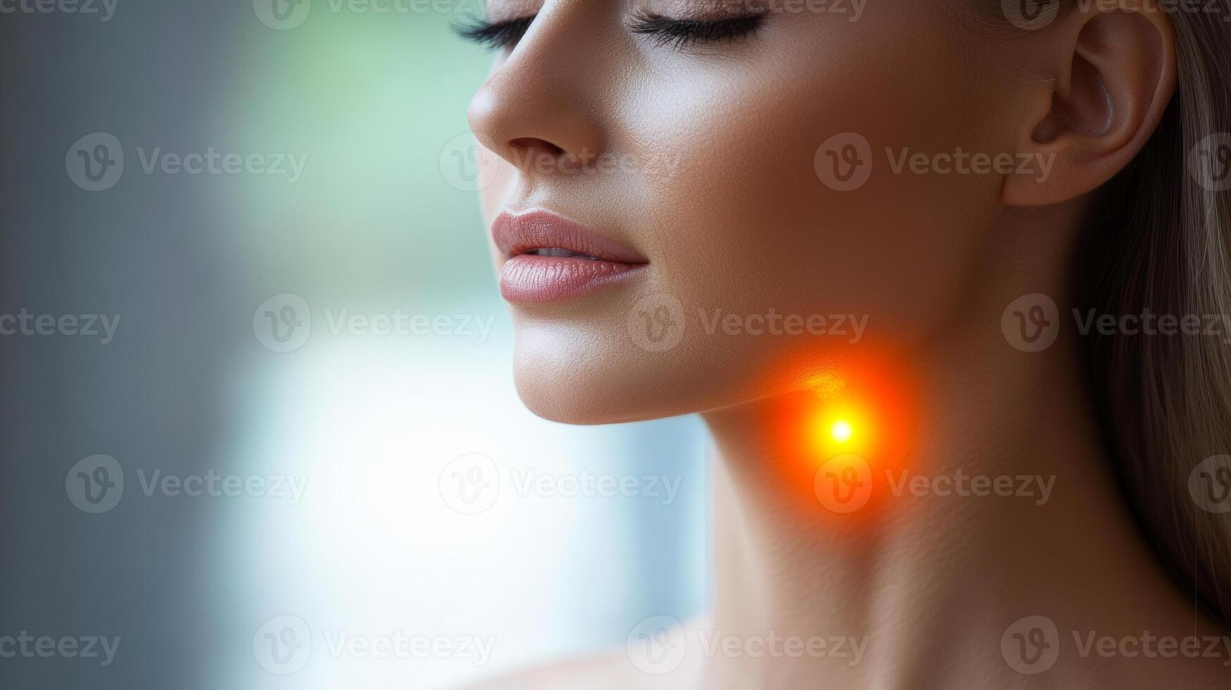 A woman with a red mark on her neck. The neck is red and the woman is looking away photo