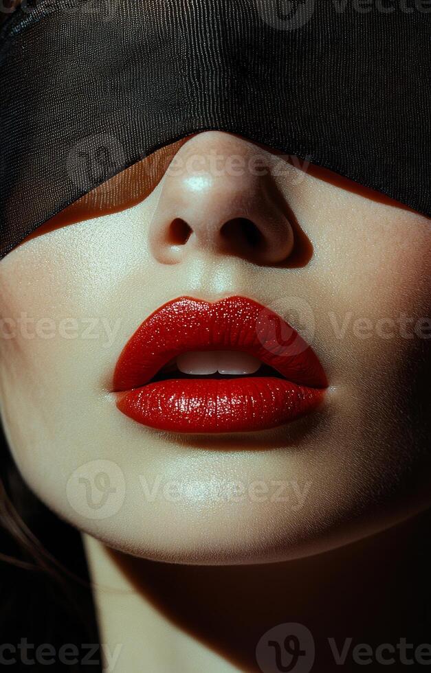 A woman with a red lipstick and a black veil over her face. Concept of mystery and allure photo