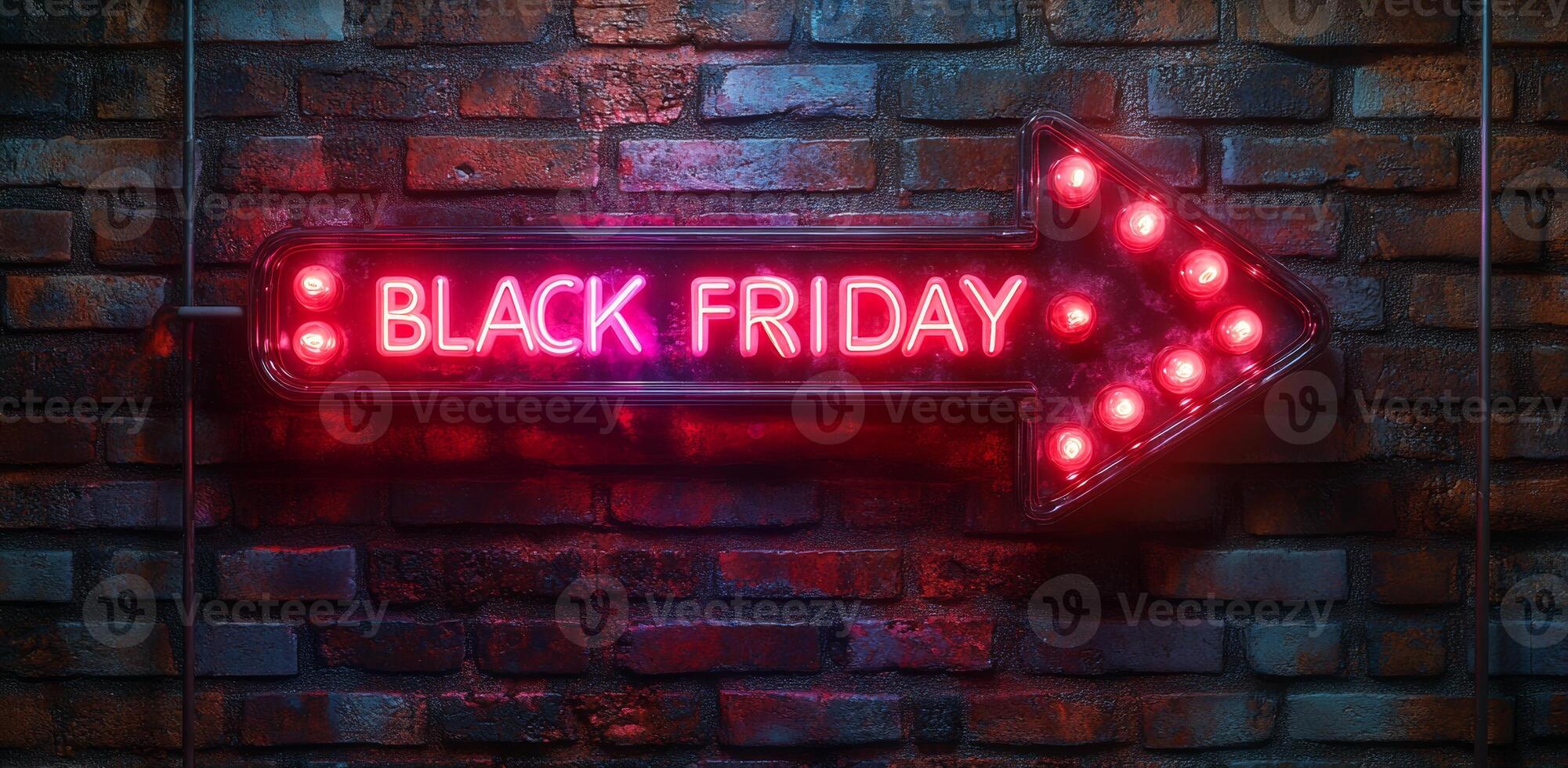 A neon sign pointing to Black Friday. The sign is lit up in red and is on a brick wall photo