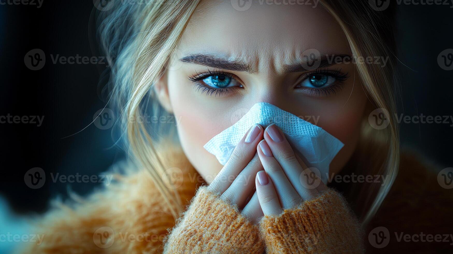 A woman with a tissue in her hand, looking at the camera. Concept of discomfort and illness, as the woman is suffering from a cold or allergies photo