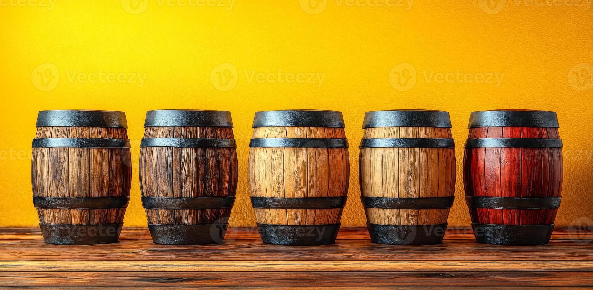 A row of wooden barrels with different colors and sizes. The barrels are arranged on a wooden shelf photo