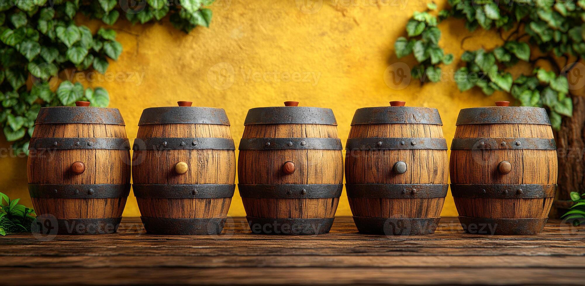 Five barrels of wood are lined up on a wooden table. The barrels are all different sizes and have a rustic, old-fashioned appearance. Concept of nostalgia and a connection to the past photo