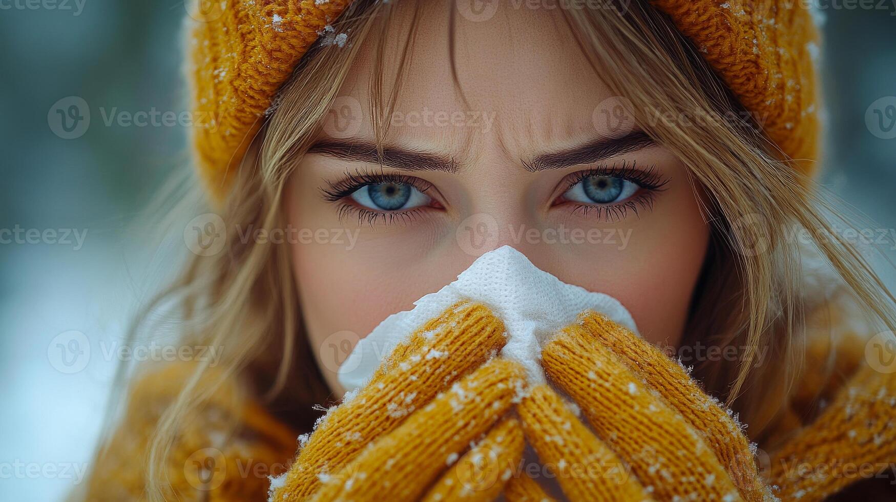 A woman with blue eyes is wearing a yellow hat and gloves and is blowing her nose. Concept of discomfort and illness, as the woman is clearly suffering from a cold photo