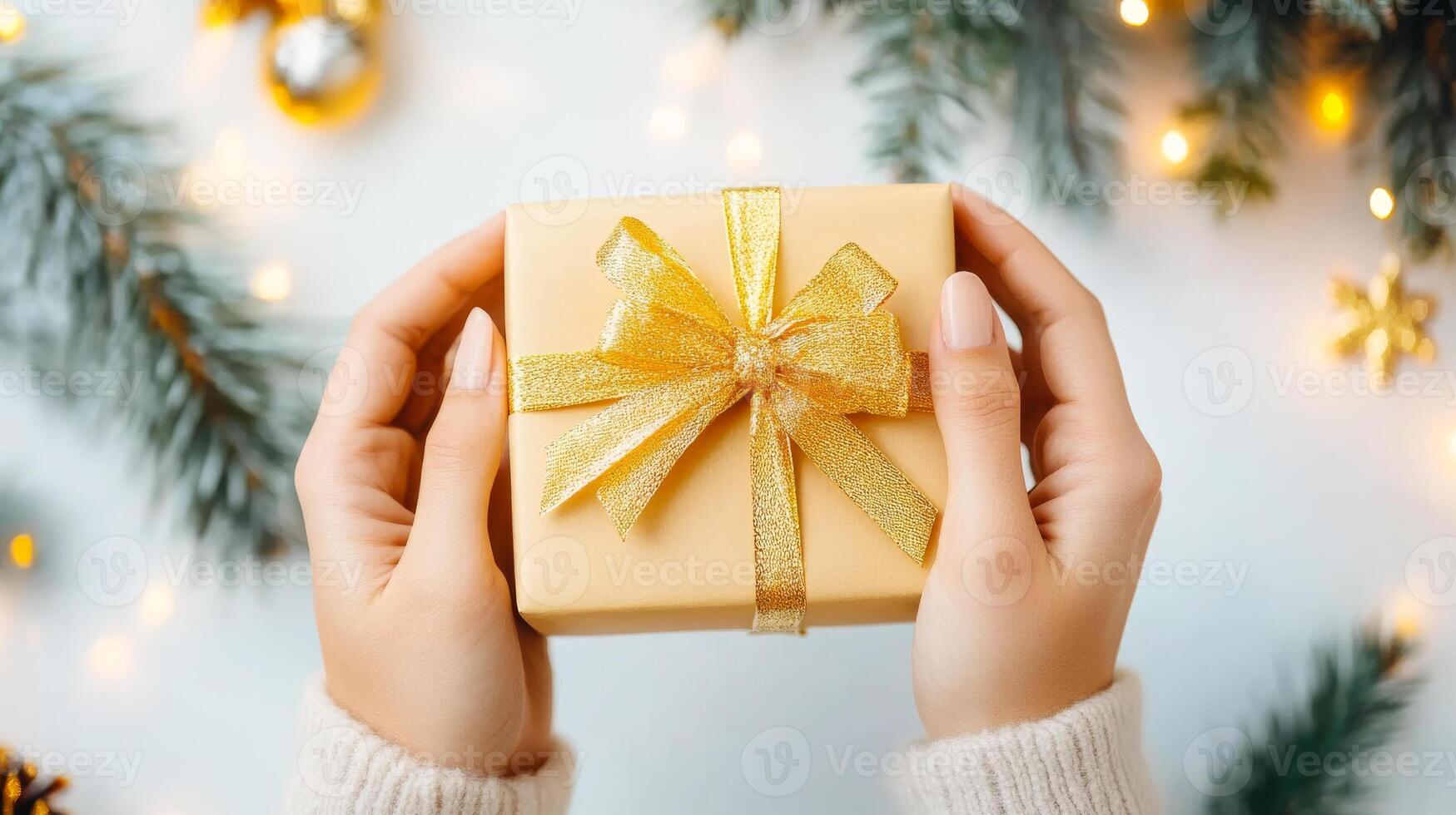 A person is holding a gold wrapped gift box with a gold ribbon. The box is placed on a white background with a Christmas tree and lights in the background. Concept of warmth and joy photo