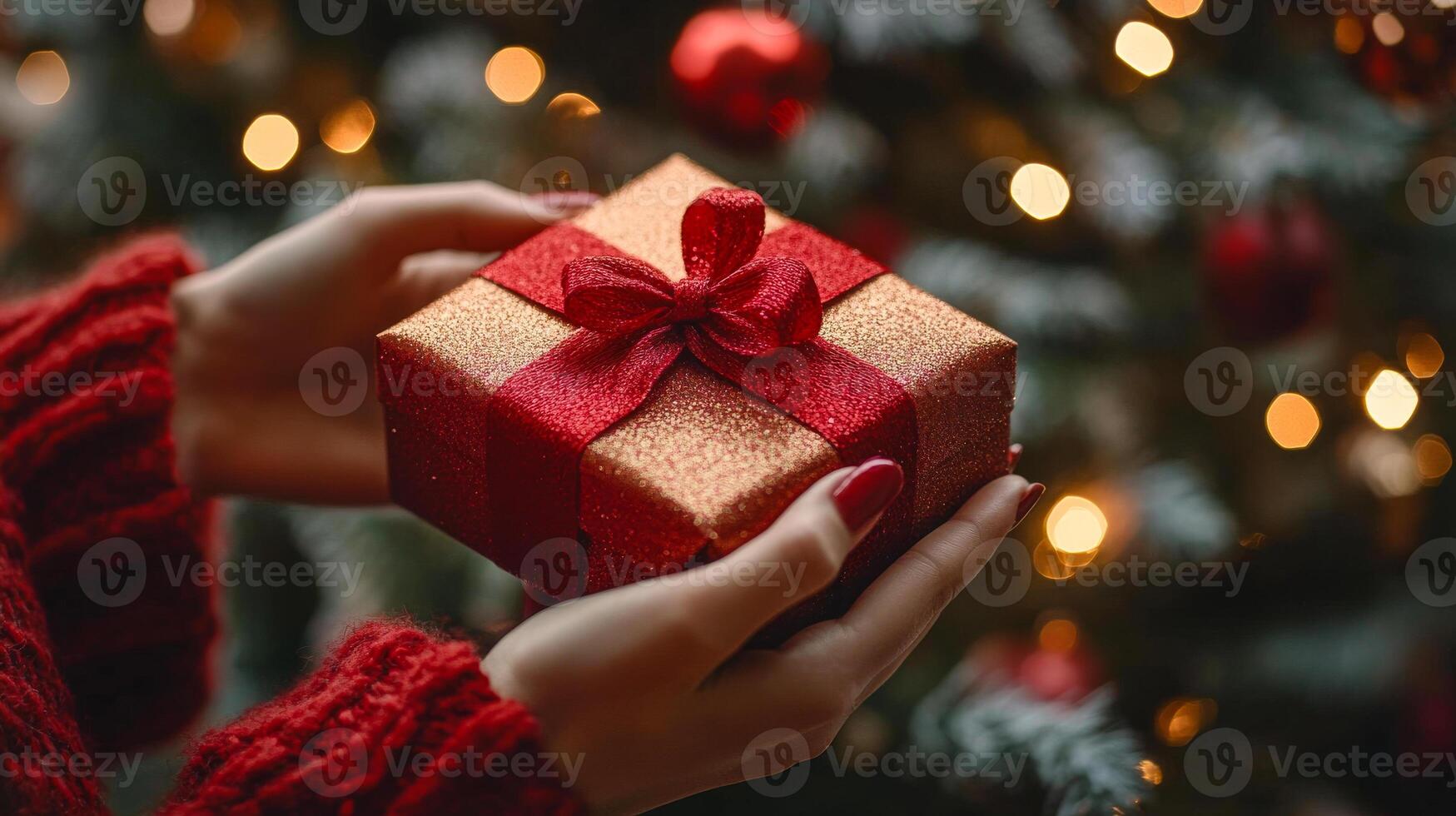 A woman is holding a red box with a gold bow on it. The box is wrapped in red and gold paper. The woman is wearing a red sweater. Concept of warmth and joy photo