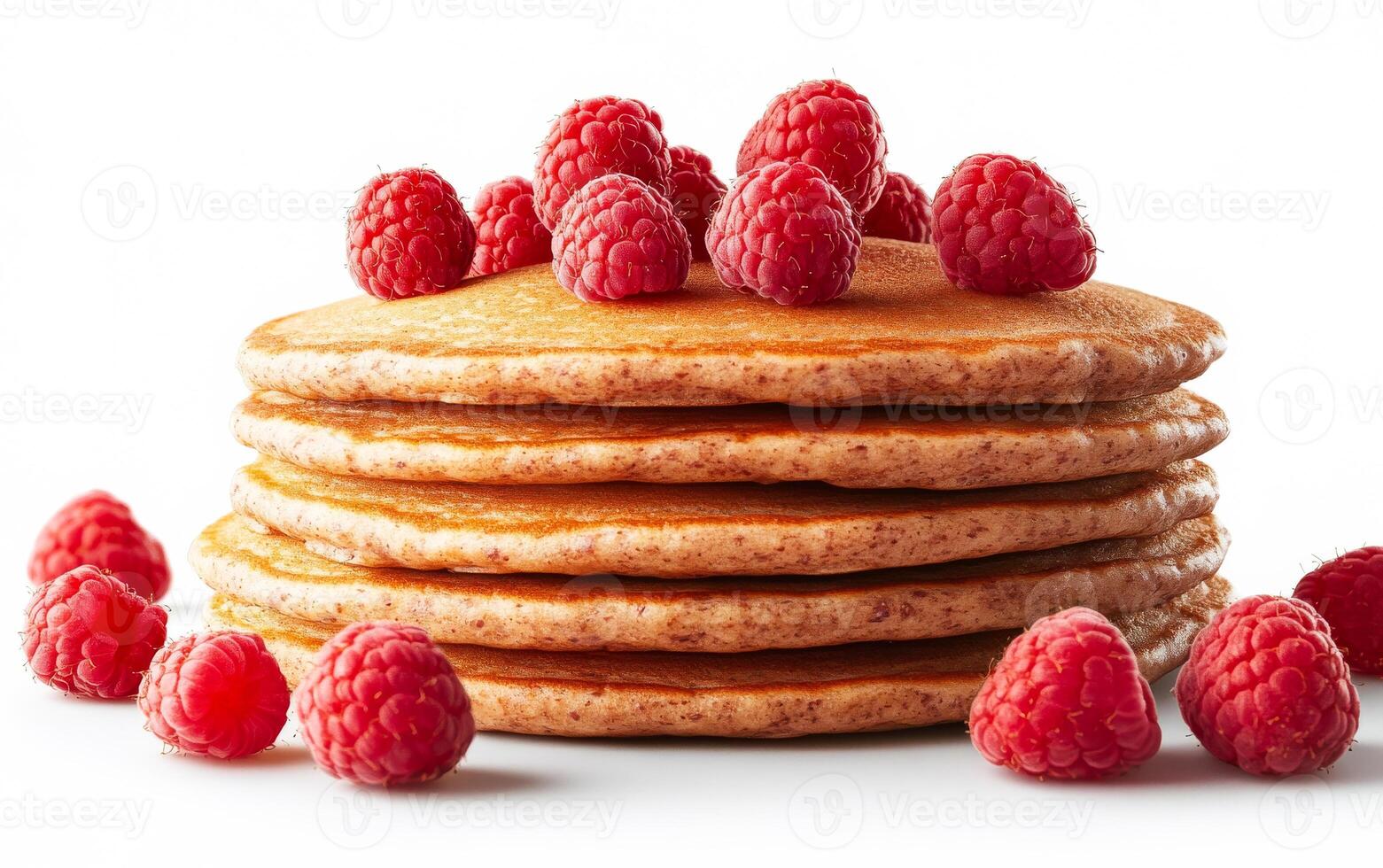 A stack of pancakes with raspberries on top. The pancakes are piled high and the raspberries are scattered around them. Concept of indulgence and comfort photo