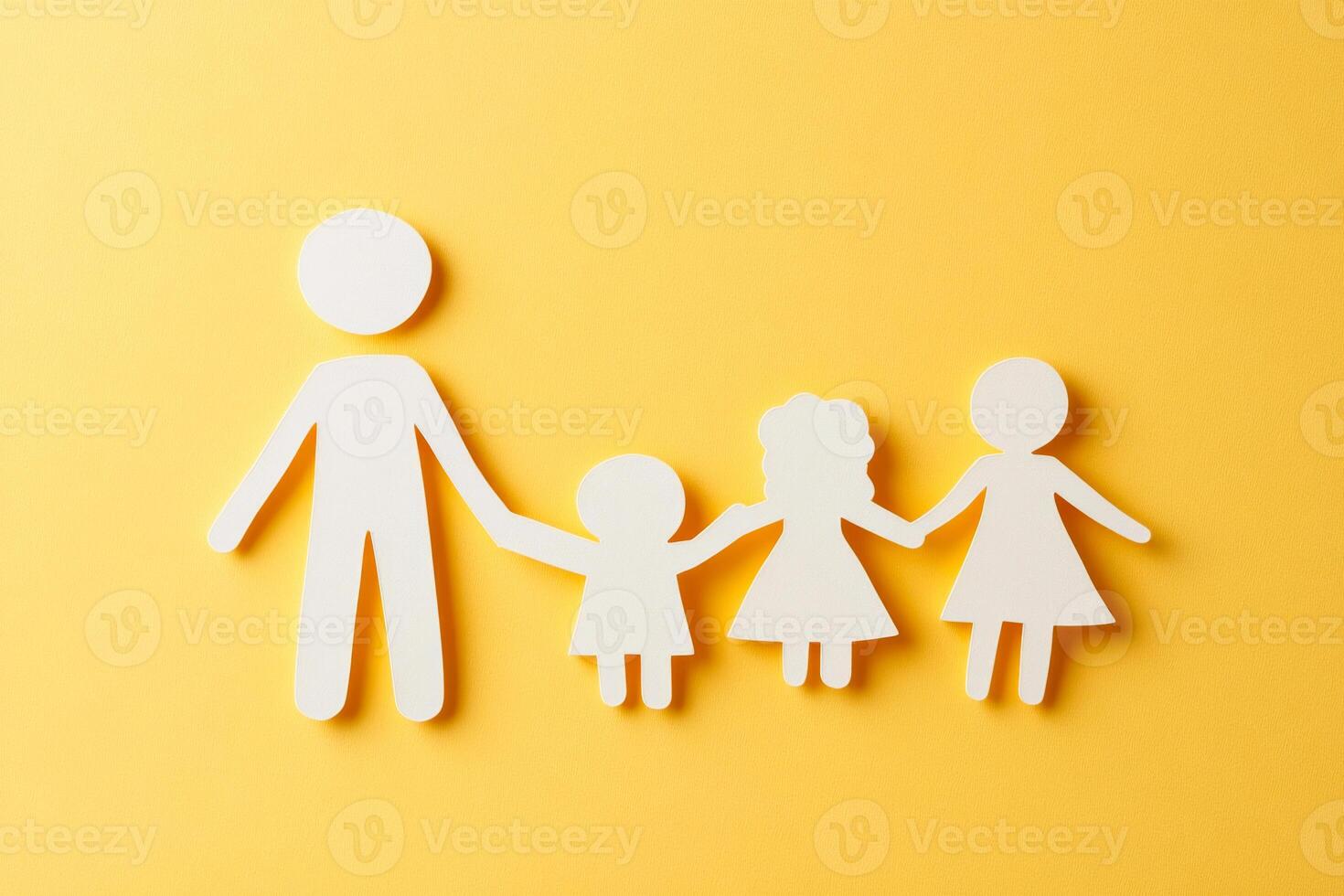 A family of four is holding hands, with a man in the middle. Concept of togetherness and love photo