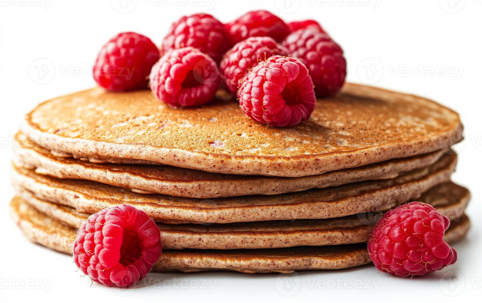 A stack of pancakes with raspberries on top. The pancakes are brown and fluffy, and the raspberries are red and juicy. Concept of indulgence and comfort photo