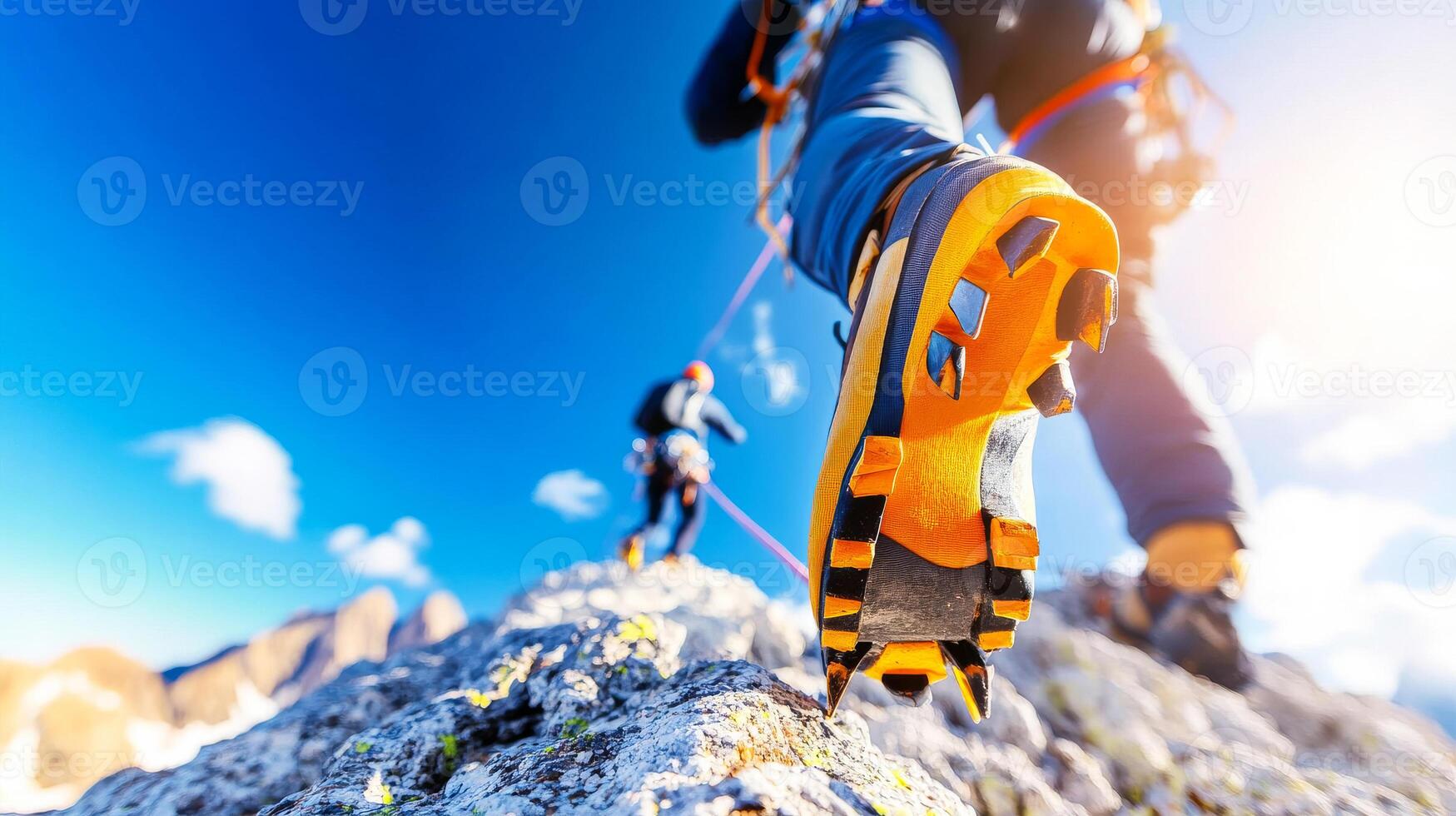 A man in a yellow shoe is climbing a mountain with a rope. The man is wearing a blue jacket photo
