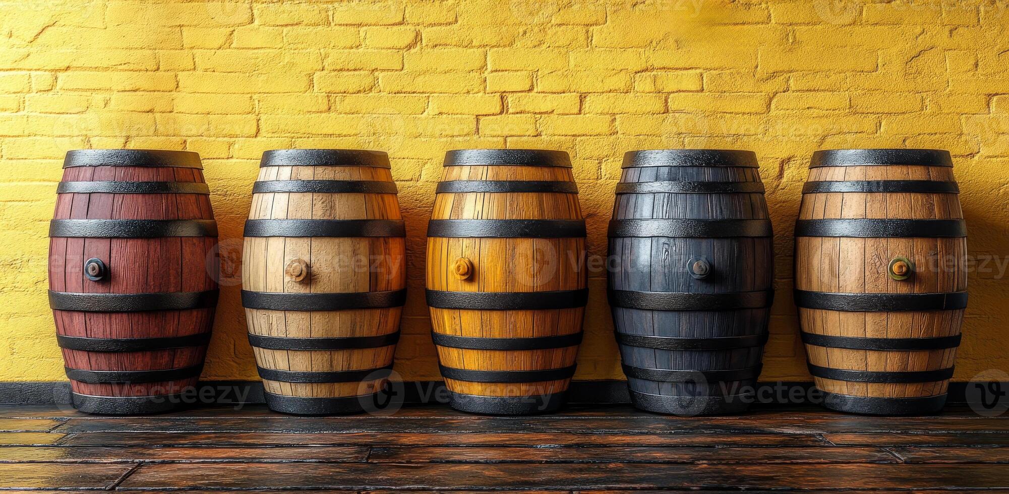 A row of wooden barrels with different colors and sizes. The barrels are arranged in a line and are placed on a wooden floor. Concept of variety and diversity photo