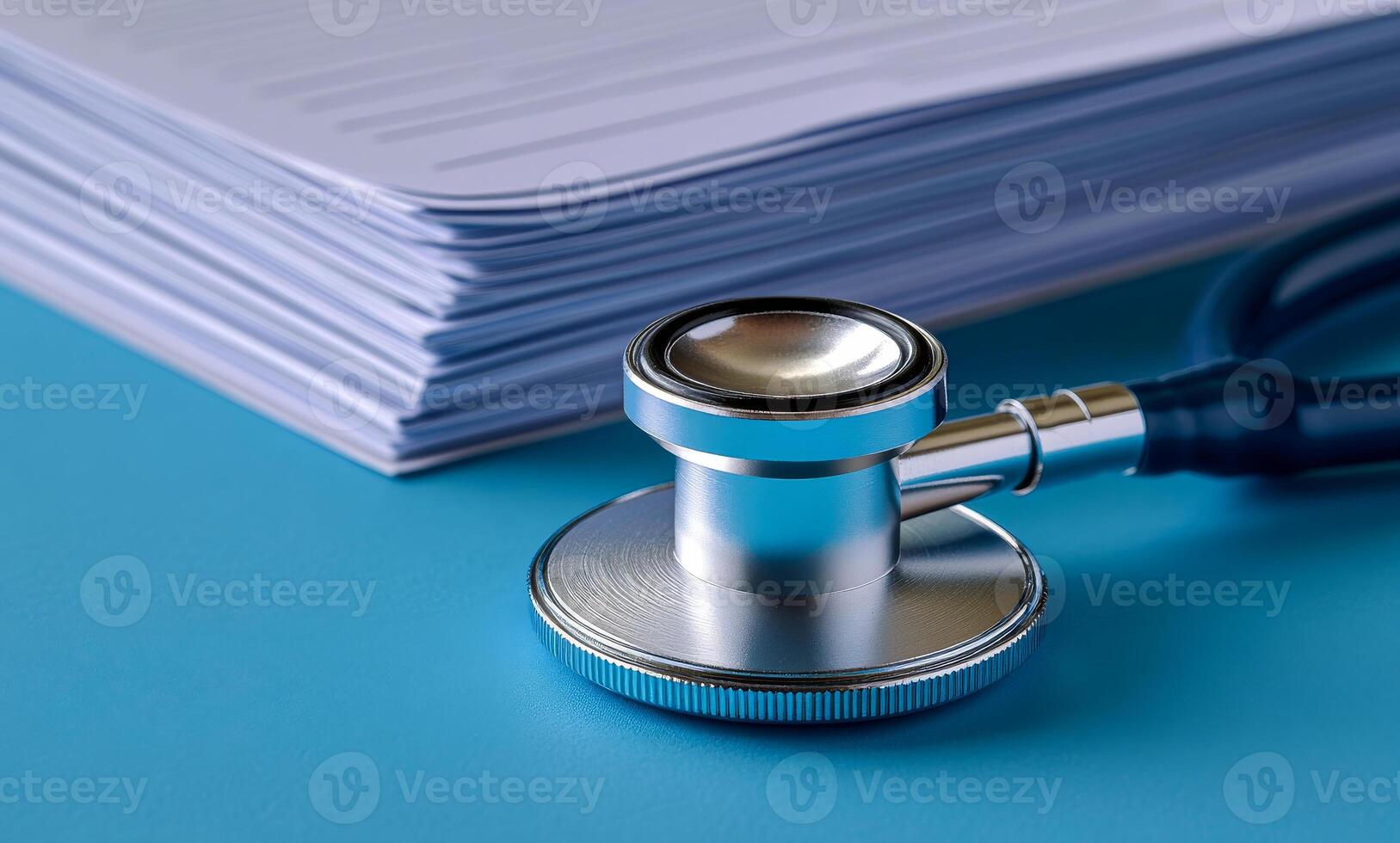 A stethoscope is on top of a stack of papers. The stethoscope is silver and the papers are white photo