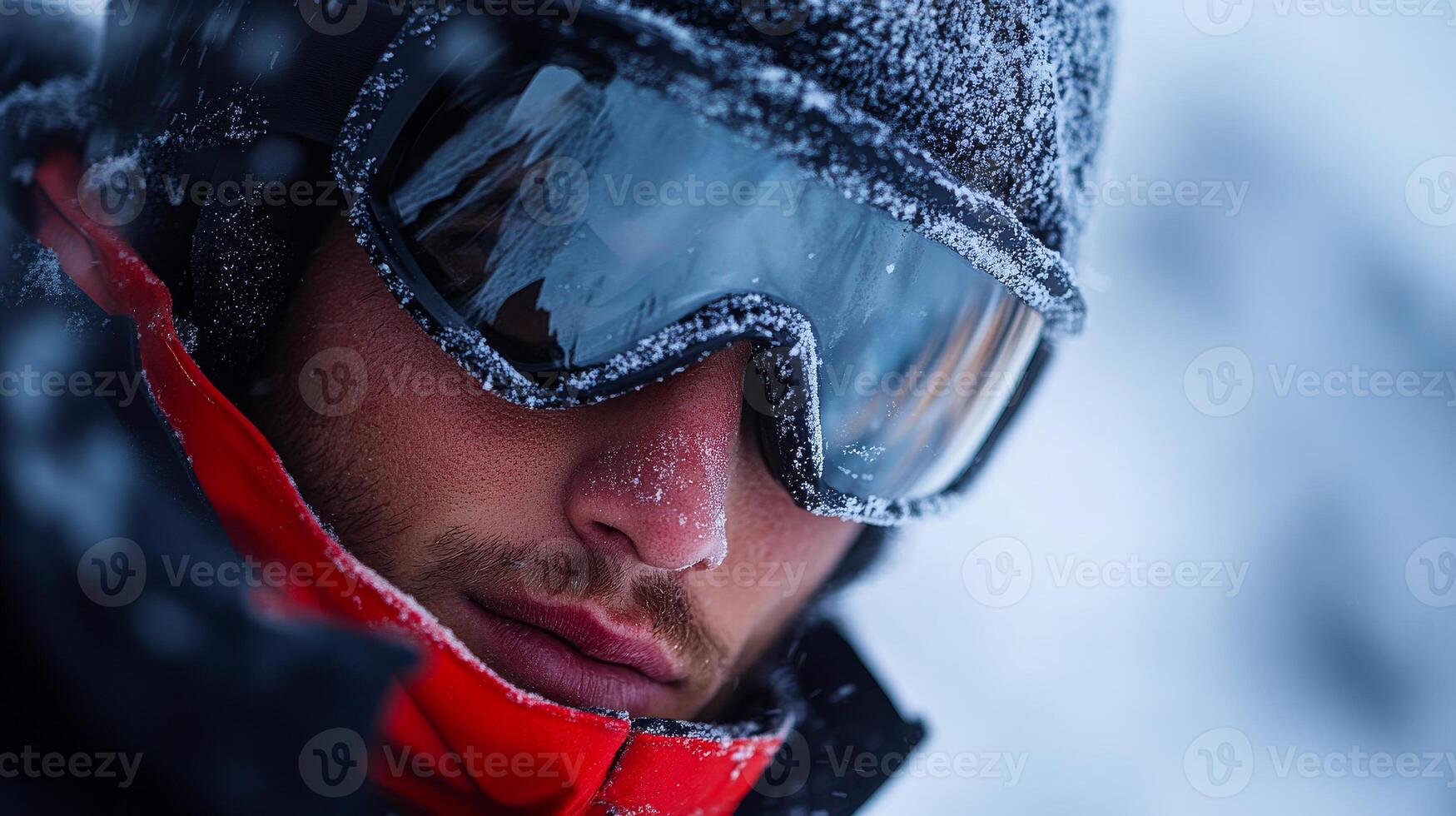 A man wearing a red jacket and goggles is standing in the snow. He looks cold and tired, but determined to continue skiing photo
