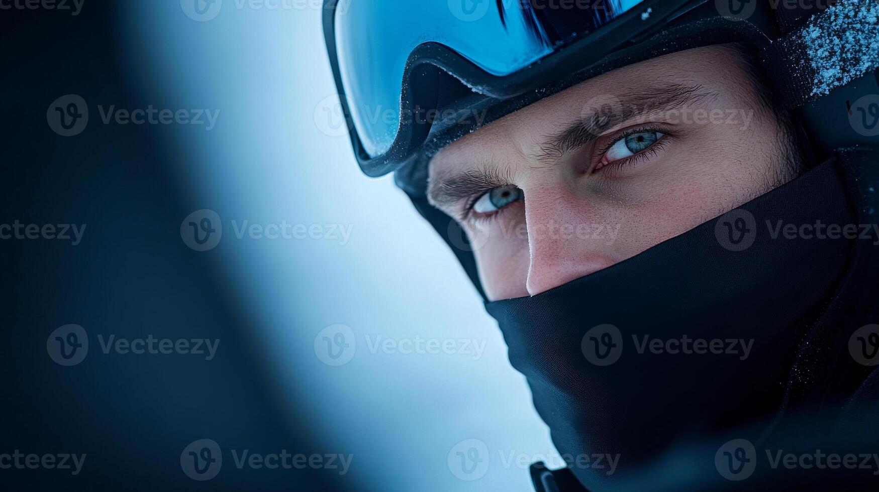 A man wearing a black ski suit and goggles is looking at the camera. Concept of adventure and excitement, as the man is preparing to go skiing photo