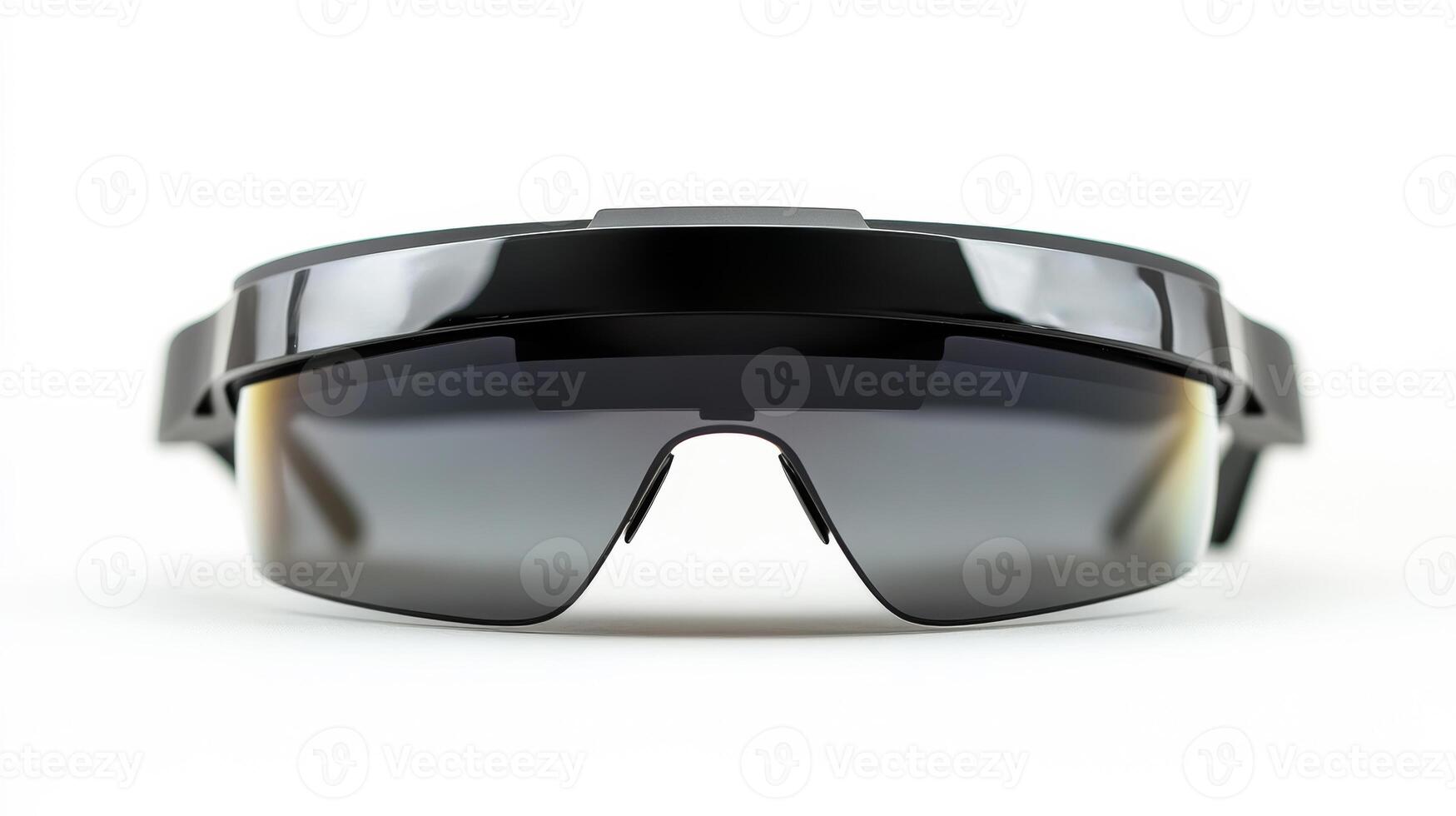 A pair of sunglasses with a black frame and a silver tint. The sunglasses are on a white background photo