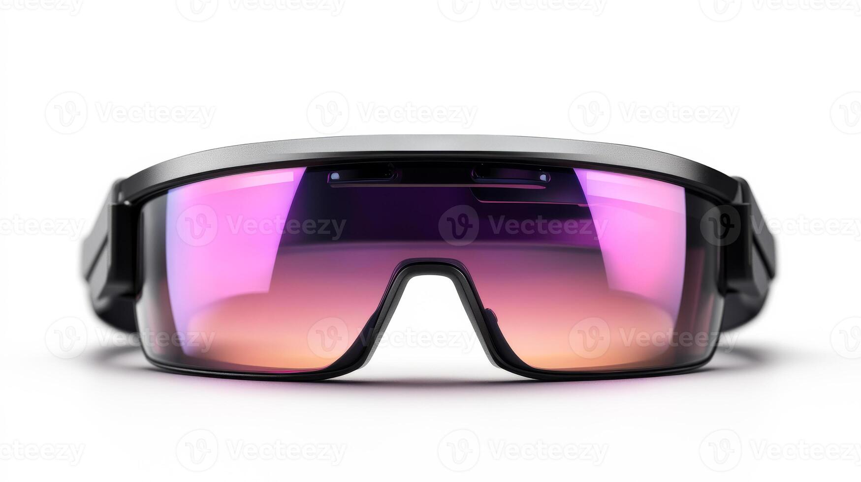 A pair of sunglasses with a purple tint. The sunglasses are black and have a purple tint. The sunglasses are on a white background photo
